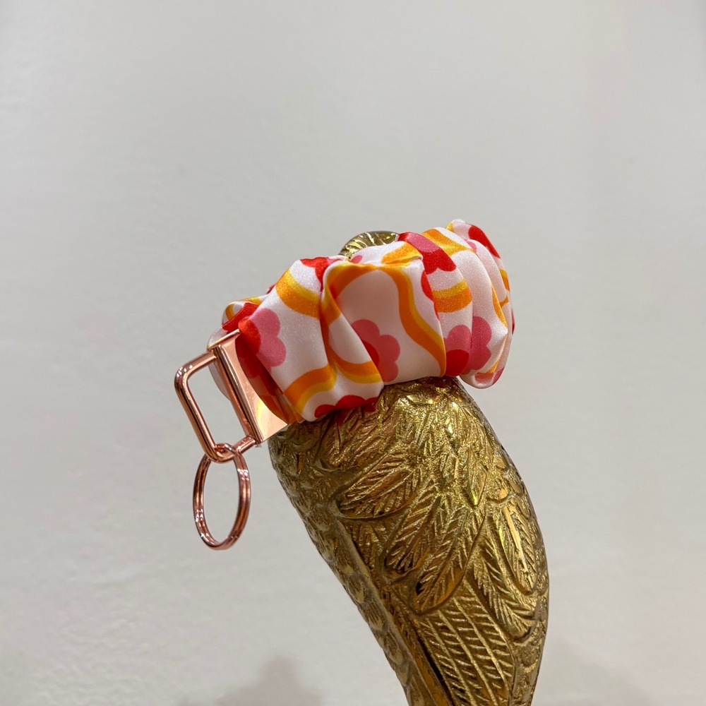 Scrunchie Keychain Wristlet Women OS Pink Orange Retro Floral Handmade
